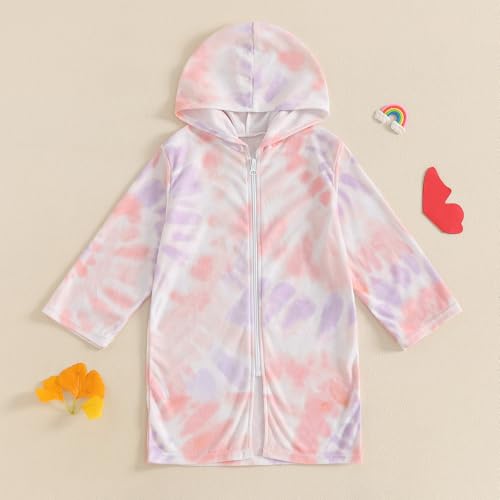 Image of Socutebabe Toddler Girl Swimsuit Cover Up Kids Beach Dress Bow Print Long Sleeve Hooded Bathing Suit Towel Coverup Swimwear
