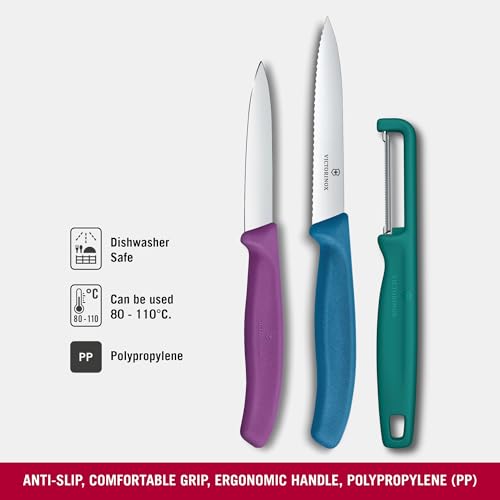Image of Victorinox Swiss Made Stainless Steel Swiss Classic Paring Knife Kitchen Knife 8,10 cm Straight /Wavy Edge with I-Peeler Set (3 Pcs) Green /Purple /Blue | 6.7116.33C1
