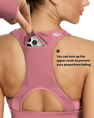 Image of QUEENIEKE BareFlow Women's Sports Bras with Phone Pocket Medium Impact Padded Racerback Workout Gym Crop Top Running Yoga Bra