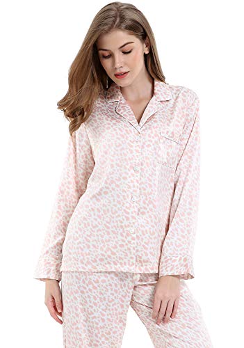 Image of Serenedelicacy Women's Satin Pajama Set Long Sleeve Button Down Sleepwear 2-Piece Silky Pj Set