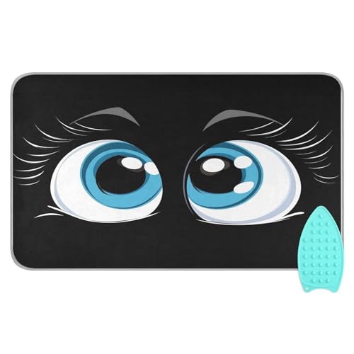 pnyoin Portable Ironing Mat Lovely Cartoon Eyes Black Travel Ironing Pad with Silicone Iron Rest for Steam Pressing on Tabletop or Bed Heat Resistant Portable Quilting & Travel Blanket