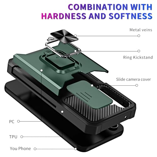 Image of LuxuryKase Shockproof Armor Case for Samsung Galaxy S26 | Slide Camera Cover | Hidden Card Slot | Rotating Ring Kickstand | Magnetic Car Mount Support | Military Grade Protection - Green