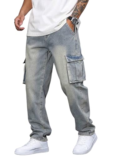 Image of JMIERR Men's Elastic Waist Cargo Jeans Stretch Denim Pants with Drawstring Relaxed Fit for Casual Daily Wear
