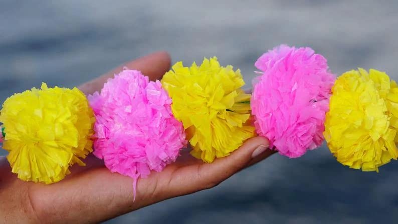 Abhaas Pack of 10 Artificial Marigold Garland Flowers for Decoration Long Toran Indian genda phool for Wedding & Festival (4.7Ft,Pink+Yellow,10 Strings)