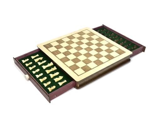Image of PALM ROYAL HANDICRAFTS 11.5 x 11.5 inches - Engraved Series - Non- Magnetic - Wooden Chess Board Set with Storage Drawers Made with Teak & Maple Veneer Wood.