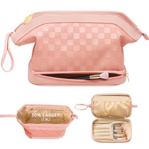 Toiletry Bag for Women, Large Makeup Bag with Double Layer Design, Waterproof Checkered Makeup Organizer Bag, PU Leather Cosmetic Travel Bag with Brush Compartment, Beige