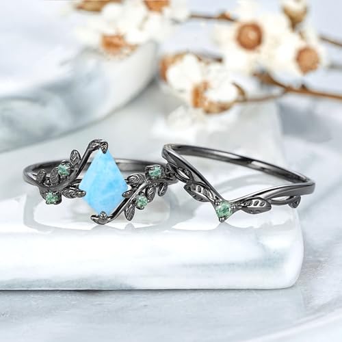 1.5CT Kite Cut Gemstone Engagement Ring Set Sterling Silver Black Gold Plated Inspired Leaf Gemstone Birthstone Wedding Ring Set for Women Anniversary Christmas Gift Size 4-153