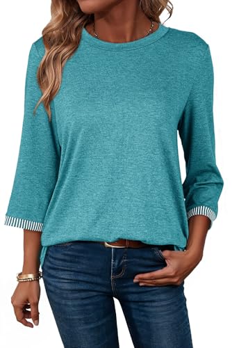 Dokotoo Women Blouses School Teacher Womens Tops Oversized T Shirts 2026 Early Spring Outfits Clothes Business Casual Tops 3/4 Sleeve Fashion Clothing Turquoise