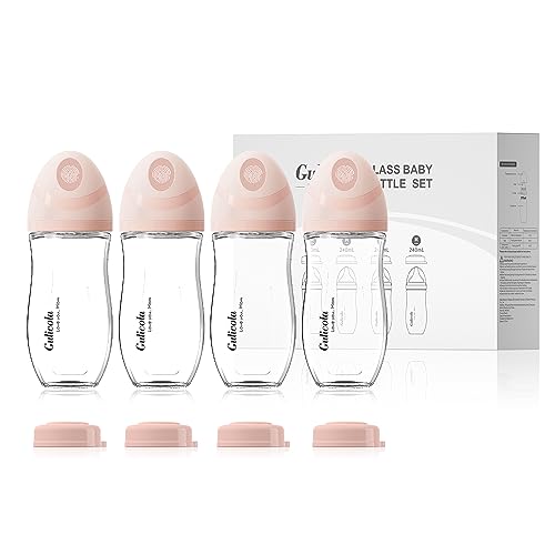 Image of Gulicola Natural Glass Baby Bottle 8 oz for Breastfed Babies, Anti-Colic Baby Bottle Set with Medium Flow Nipple, 3 Months +, 4 Pack - Pink