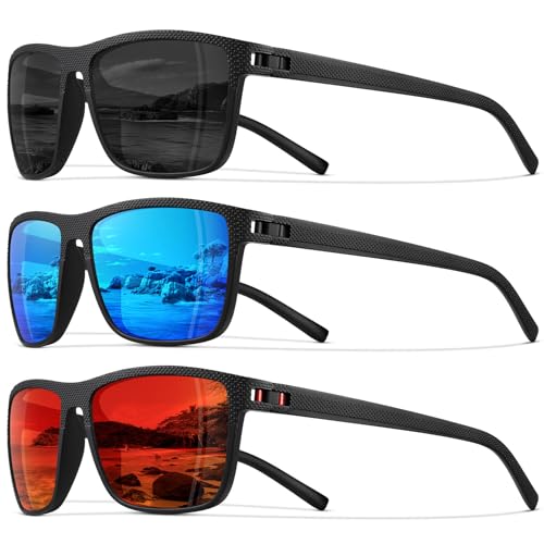 STORYCOAST Polarized Sunglasses for Men Women Classic Square Sports Fishing Running Golf Sun Glasses UV Protection 3Pack-Black+Red+Blue