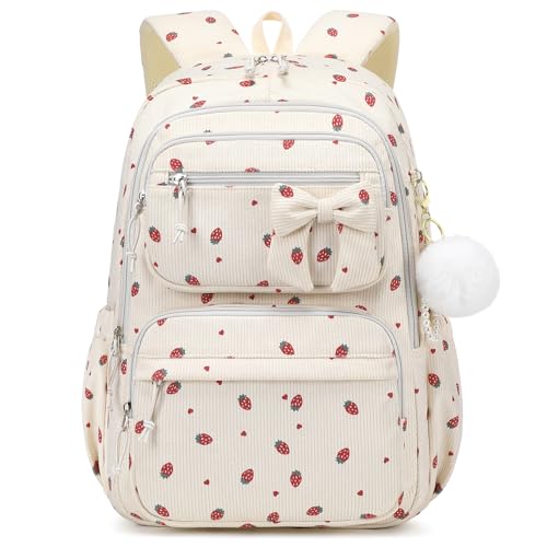 MUSEVOS School Backpack for Teen Girls Cute Corduroy Bookbag with Multi-Pockets for Girls High School Beige Strawberries