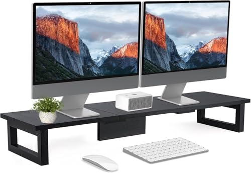 M.J COMFY-LIFE Dual Monitor Stand, 91x26cm Desks Shelf, Double Monitor Riser for Laptop PC Computer Screen Monitor Stand Desktop Organiser for Working (White)
