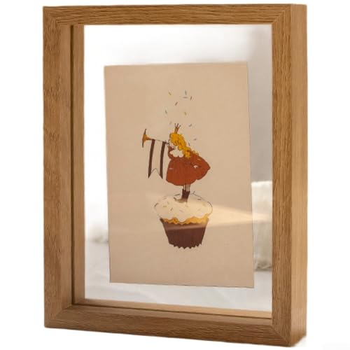 Cadre photo flottant en verre double pour montage mural ou affichage de table avec design transparent à double vitre et cadre en panneau de fibres de densité moyenne (bois)