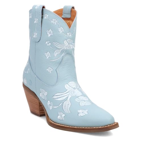 Dingo Womens Sweetheart Floral Embroidered Snip Toe Pull On Casual Boots Ankle Mid Heel 2-3" - Blue2