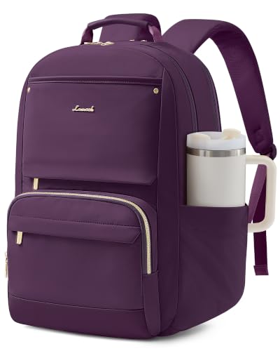 Image of LOVEVOOK Laptop Backpack for Women with Large Capacity Cup Pocket, 15.6 inch Work Purse Travel Bag for Teacher Nurse, Waterproof Computer Business Back Pack, Bookbag for College, Purple