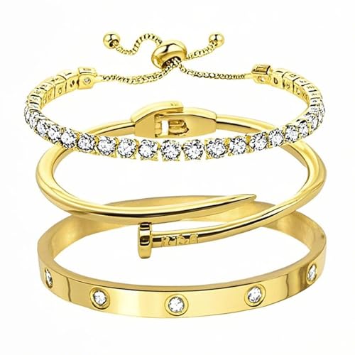 XFSRG Armband Damen Set Elegante Armbänder mit Strasssteinen Charm Armband für Frauen Modisches Schmuckset für Alltag und besondere Anlässe(Gold)