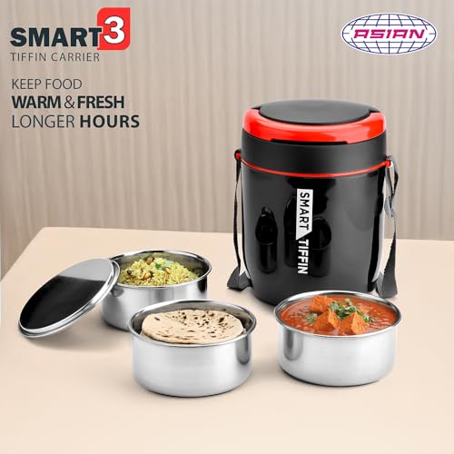 Image of Asian Plastowares - Tiffin Carrier 3 | Insulated Lunch Box | Compact | 3 Containers | Lunch Box for Adult | Leak-Proof | Ideal for Office or School | Black