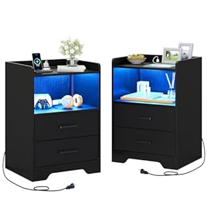 Hasuit Nightstands Set of 2 with Charging Station and LED Lights, Modern Bedside Table with 2 Fabric Storage Drawers, Black Night Stand for Bedroom