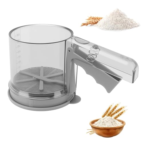 Gykutix Mehlsieb Edelstahl Doppelschicht Puderzuckersieb Mehlsieb aus PP Einhand Mehlstreuer mit Deckel Puderzuckermühle 3-in-1 Feines Sieb 3 Tassen Küchensieb Set für Mehl Zucker Zimt