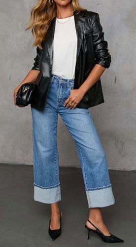 CHARTOU Wide Leg Cropped Jeans for Women High Waist Boyfriends Rolled Up Cuffed Denim Pants4