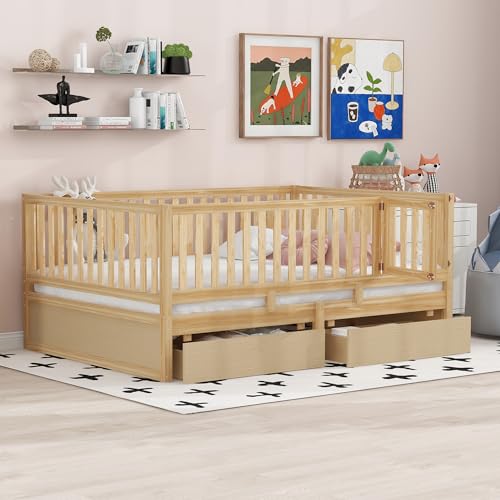 KT Rolster Full Size Daybed with Storage Drawers, Wood Kids Bed Frame with Guardrails All Around, Montessori Bed for Kids Girls Boys, Can Split into Independent Floor Bed & Storage Daybed, Natural