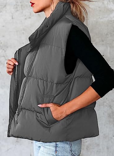 Dokotoo Women's Casual Winter Puffer Vest Sleeveless Cropped Outerwear Warm Lightweight Stand Collar Down Coats with Pockets3