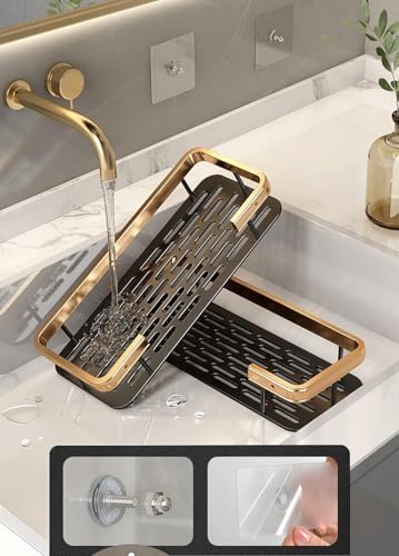 Image of EUDELE Aluminium Pack of 2, Self Adhesive Bathroom Shelf for Wall Shelf Organizer Wall Mounted Bathroom Shelves Rack Holder Stand for Bathroom Accessories Organiser Without Drill Gold Long