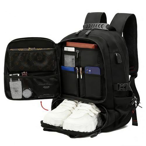 Image of ZORBES Large Laptop Backpack with Shoe Compartment, 80L Oxford Cloth Suitcase Waterproof Rucksack 17 Inch, Travel Outdoor Hiking School Gym Work College Bags for Men Women