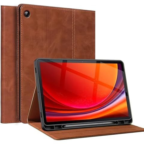 NANRUIL for Samsung Galaxy Tab A9+ 10.9 inch Case with S Pen Holder 2023 Model(SM-X216B/X210/X218) Genuine Leather Cover Protective Shell,Auto Wake/Sleep.Brown Cover