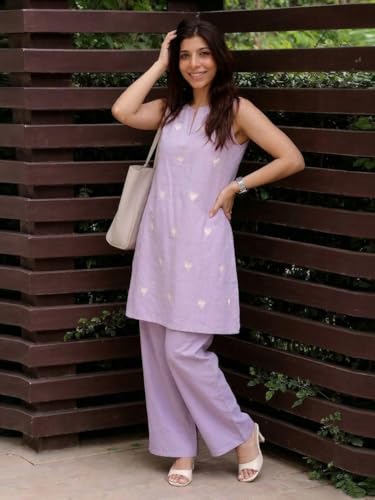 Image of ANNI Designer Kurta Set for Women Cotton Blend Embroidered | Kurti Set for Woman | Farshi Salwar Suit Kurta Palazzo Outfit | Round Neck V Slit Sleeveless Regular Fit Ethnic Dress Stylish Clothing