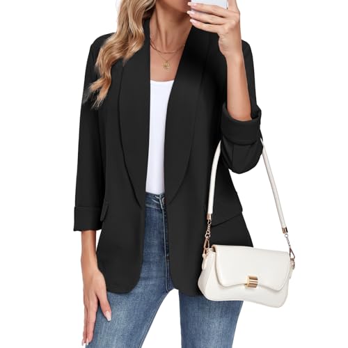 Anygresst Women's Classic Blazer Lapel Collar Open Front Long Sleeve Business Casual Work Office Suit Jackets L, Black