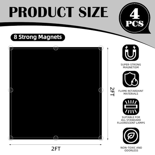 Image of ANGSYLTH 2 x 2 Feet Fluorescent Light Covers - 4 Pcs Covers for Ceiling Lights, Magnetic Light Filters for Classroom, Office, Hospitals, Home (Black)