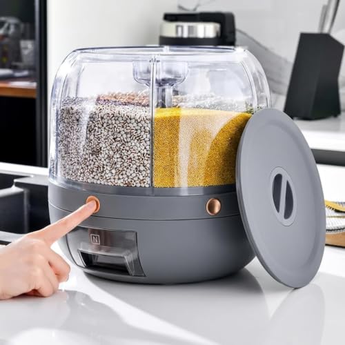 Image of 360 Rotating Grain Storage Container | 6 Grid Rice Dispenser with Easy One Press Dispensing for Rice Dal Pulses Beans Cereal Dry Food Kitchen Storage Box