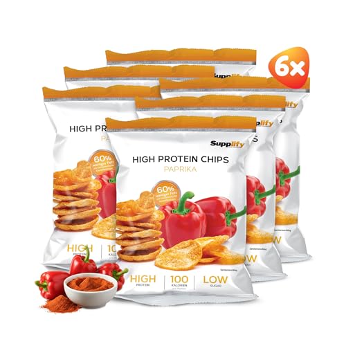 Supplify 6x50g High Protein-Chips mit Paprika Geschmack (vegan) - Low Carb Eiweißchips zum Abnehmen - Proteinchips kalorienarm, Fitness Snack Alternative