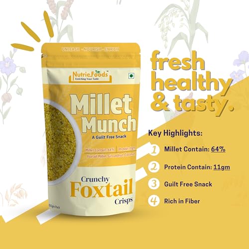 Image of Nutriefoods Millet Munch Snack, 100% Roasted Millets & Guilt Free Snack, Nutritious Munch, Bajra, Jawar, Ragi, Qquinoa, Foxtail Snack (Crunchy Foxtail Crisps (Pack of 2) 200gm)