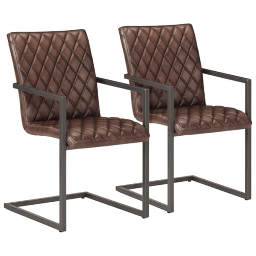 Foknhdi Lot de 2 chaises de salle à manger cantilever - En cuir véritable - Marron - Aspect vieilli rétro - 51 x 56 x 91 cm - Rembourrées avec accoudoirs -...
