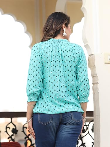Image of Himanshi Enterprises Women's Traditional Casual 3 /4 Sleeves Mandarin Nack Rayon Floral Printed Short Kurti