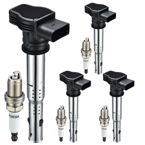 Image of Set of 4 Ignition Coil Pack UF575 and Iridium Spark Plugs PFR7S8EG 4 Pack Compatible with Audi A3 A4 A5 A6 Q3 TT Quattro Q5 TT VW CC Eos GTI Beetle Golf Jetta Passat 2.0L L4 4.2L V8