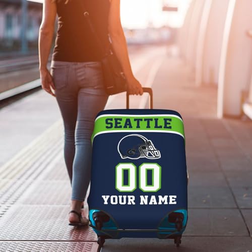 Image of Custom Seattle Luggage Cover Personalized Football Style Suitcase Cover with Name Number Customized Washable Elastic Sports Travel Suitcase Protector for Business Vacation Gifts