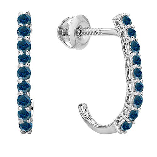 Dazzlingrock Collection 0.40 Carat (ctw) 10K Round Blue Diamond Ladies Fancy J Shaped Hoop Earrings, White Gold