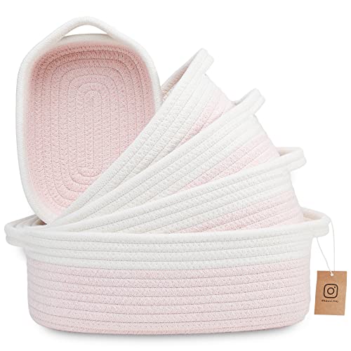 Image of NaturalCozy 5-Piece Rectangle Storage Basket Set- Natural Cotton Rope Woven Baskets for Organizing! Small Basket for Montessori, Baby Nursery, Dog Toy Baskets, Cat Toy Box, Bathroom Organization Bin