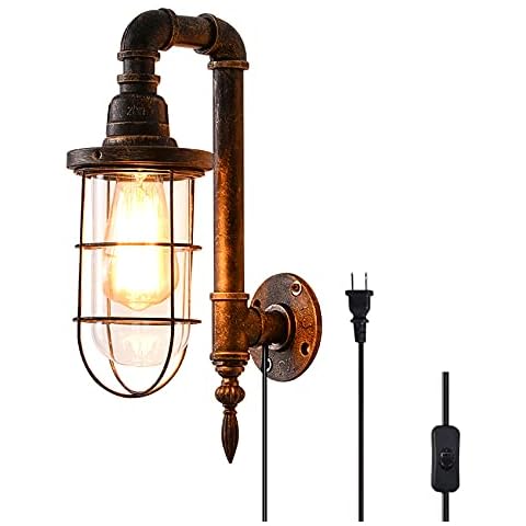 Lovefindahome Industrial Plug in Wall Light E26 Base Edison Wire Retro Style Vintage Wall Lights with 5.9Ft Adjustable Plug in Cord Rustic Wall Sconce Fixture for Headboard Bedroom Porch - Cage Cover