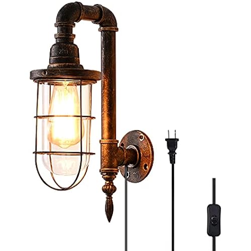 Lovefindahome Industrial Plug in Wall Light E26 Base Edison Wire Retro Style Vintage Wall Lights with 5.9Ft Adjustable Plug in Cord Rustic Wall Sconce Fixture for Headboard Bedroom Porch - Cage