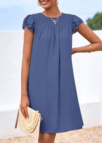 Image of KIRUNDO Wedding Guest Shift Dresses for Women Short Spring Summer Ruffle Cap Sleeve Chiffon Babydoll Flowy Mini Sundress