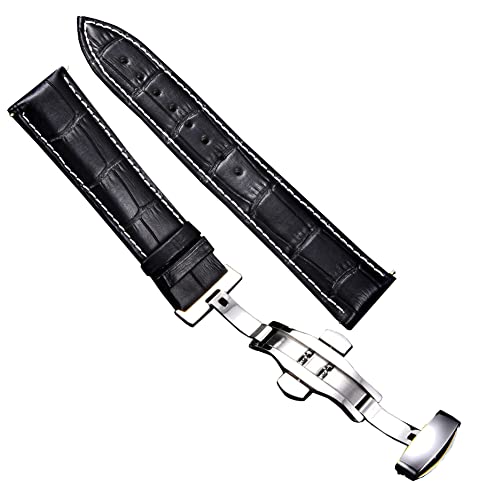 Image of 18mm 19mm 20mm 21mm 22mm 23mm 24mm Genuine Leather Butterfly Deployment Clasp Buckle Watch Band Strap Black Dark Brown TAN Blue Rose Black Gold White