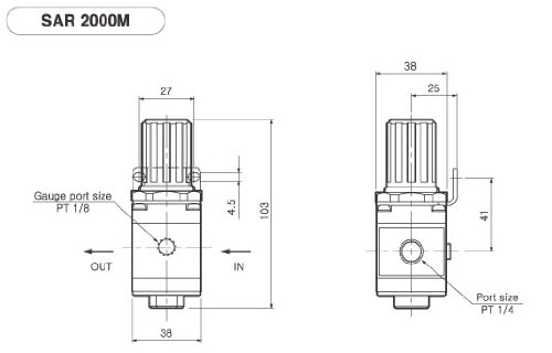 Miniatura 2 de PneumaticPlus SAR2000M-N02BG Regulador de presión de aire miniatura 14" NPT - manómetro, soporte