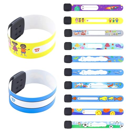 NOPKESV Pulsera Identificativa para Niños (10 unidades), Emergencia SOS Impermeable y Reutilizable, Anti-pérdida, Seguridad, Silicona Personalizada, Incluye Marcador y 1 Pluma Marcadora, Niñas y Bebés