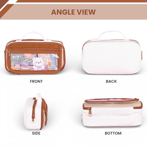 Image of Canvas School Bag Pencil Case, 3 Layer 6 Compartment Large Capacity, Aesthetic Pencil Pouch for Stationary, Cute Stationery for Kids, Pencil Case for Girls & Boys (Coffee /Cream)