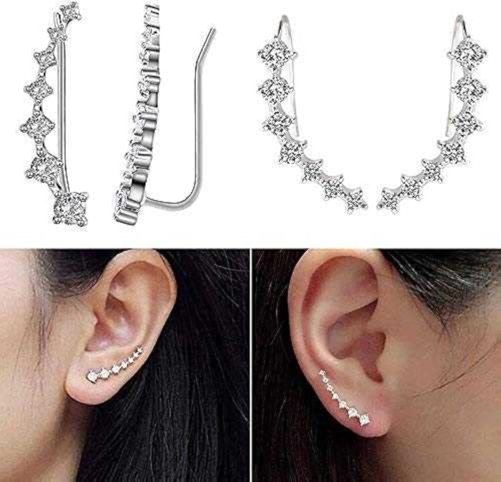 Women's Silver Plated Crystal Hoop Climber Cuff Earrings