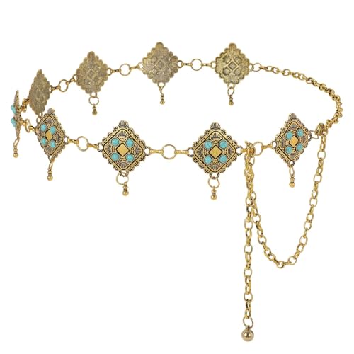 Image of WHIPPY Western Metal Concho Belt for Women Vintage Cowgirl Boho Turquoise Chain Belts for Dresses Jeans